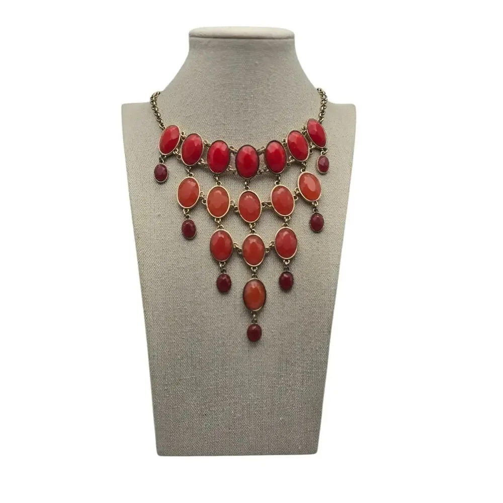 Coral Red Cabochon Necklace Gold Tone Cascading Elegant Glam